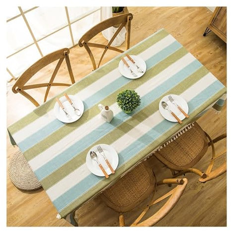 Epinki Tischtuch, Blau Grün+Quaste Tischdecken Streifen mit Spitze Polyester, Tischdecken für Biertische Pflegeleicht Geeignet für Home Küche Dekoration, 140x220CM