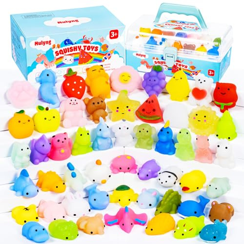 Giocattoli Squishy Mochi Mulyng, Giocattoli Squishies Carini per Bambini, Bomboniere, Regalo di Natale/Compleanno/Pasqua, Regalini, Premi per Aule con Scatola di Stoccaggio,Non Duplicati (80 Pack)