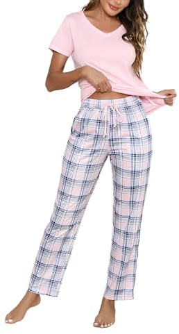 Litherday Pigiama Donna Estivo Cotone Due Pezzi con Maglietta Manica Corta e Pantaloni Lunghi a Quadri Morbido Leggero Scollo a V,Rosa,L