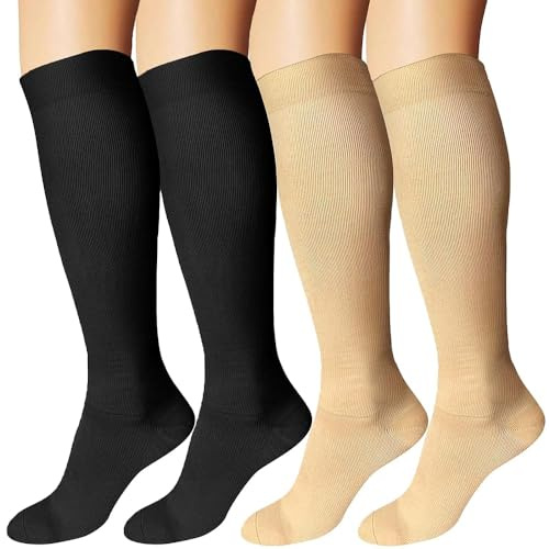 DDOBB Kompressionsstrümpfe Damen und Herren 4 Paar Stützstrümpfe Kompressionssocken Stützsocken Reisestrümpfe für Flug Sport Running Radsport (Schwarz*2+Hautfarbe*2, L-XL)