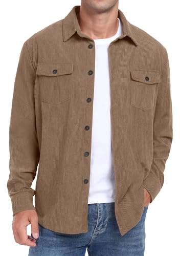 QIXING Casual skjortjacka för män, långärmad fritidsskjorta för män, jacka, normal passform, button down-skjorta med klaffficka, Ljusbrun, XL