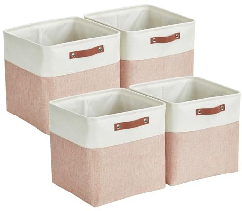 Mangata Collapsible Storage Cube Boxe, 25 cm cubo di lino, cesti di stoccaggio con manici in pelle, 4 pezzi (rosa e bianco)
