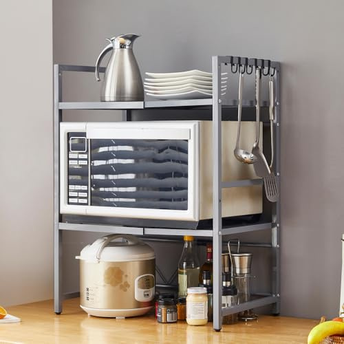 Rainbow Tree 3-Tier Expandable Microwave Oven Rack Countertop for Kitchen, Microwave Shelf Stand Metal with 6 Hooks, Baker Rack, Adjustable Kitchen Shelf Organizer Grey (Grey, 3-Tier)