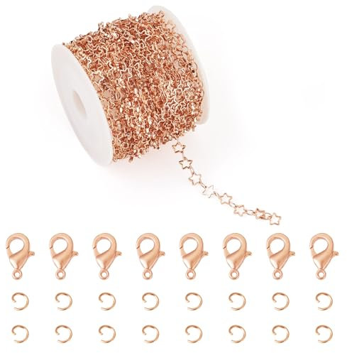 Cheriswelry 5M Sternketten Roségold Sterne Gliederketten Metall Gelötete Dekorative Ketten mit 40 Stück Biegeringe 20 Stück Karabinerverschlüsse für Halskette Choker Armband Damen Herren