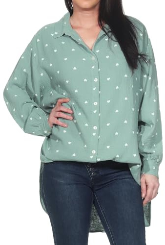 Sublevel Damen Long Musselin-Bluse LSL-495 Oversize Langarm-Hemd mit Herzen Light Green S/M