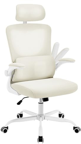 WOLTU Ergonomisk kontorsstol, ventilerande nätkontorsstolar, med anpassningsbar C-formad ländryggsstöd, justerbart nackstöd, fällbara armstöd, för skrivbord, hem, beige
