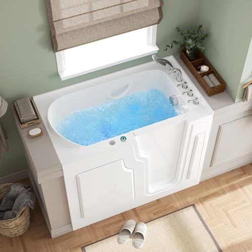FerdY Floridian 55x33 Walk-in Whirlpool Bathtub with 16 Air Water SPA Jets and Right-Side Door Opening and Quick Fill and Drain System, Rectangular Soaking Jetted Bath Tub in White with LED Lights