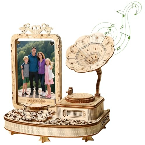 3D Wooden Puzzle Gramophone for Adults – DIY Mechanical Music Box Kit with LED Lights & Rotating Photo Frame, Creative Building Model Sets Gift for Teens, Men & Women