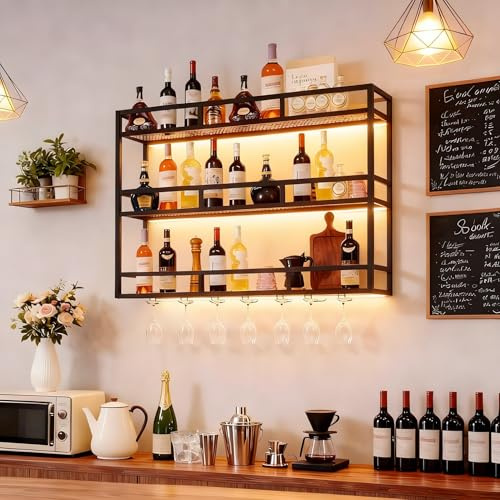 Porte-Bouteilles Mural Industriel 100 cm avec Support Verres, Casier à Vin LED Moderne en Métal 3 Niveaux, Rangement Vin pour Bar, Cuisine ou Maison