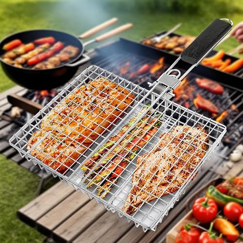 SLQM Fisch-Grillkorb, Edelstahl-Grillkorb, 32 x 22,5 cm, faltbarer Grillkorb für Fisch-Gemüse-Steak-Garnelen-Koteletts, mit Handgriff, Grillzubehör, Tragbarer Outdoor-Camping-Gasgrill