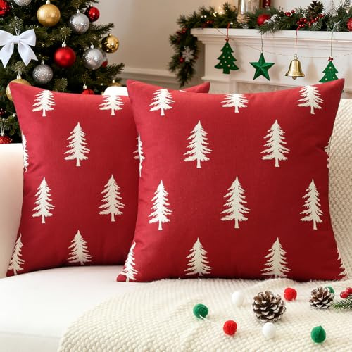 JOTOM 2er Set Weihnachten Kissenbezüge, Dekorative Weihnachtsbaum Doppelseitiges Muster Kissenbezug Moderne Kissenhüllen Dekokissen Zierkissenbezug für Wohnzimmer Garten (60x60cm, Rot)