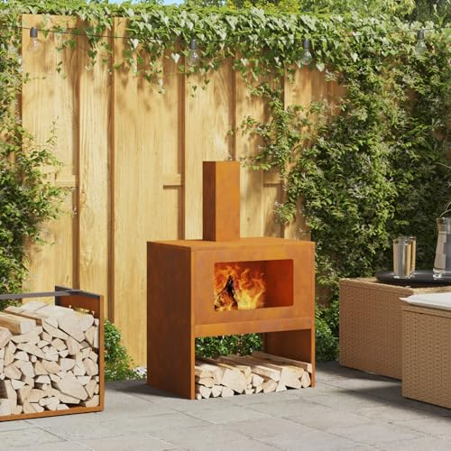 Générique brasero avec cheminée 60x40x96 cm en Acier Weathering,Maison & Jardin,Cheminées,Marron,13.1 KG,858935