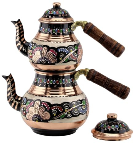 Copper Tea Pot Set, Handmade Double Teapot Kettle with Wooden Handle and Lid, Vintage Floral Design for Home Decor, Housewarming, Wedding
