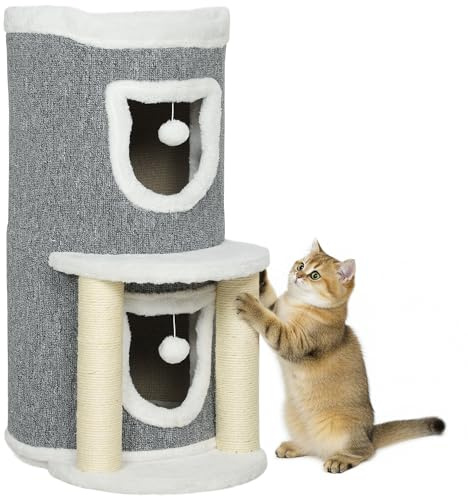 PawHut Albero Tiragraffi per Gatti Alto 76 cm, Torre per Gatti e Gattini a Cilindro con Casette, Lettino Superiore, Palline e Pali in Sisal, Grigio