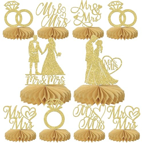 Rsstarxi 8 Pack Gold Bridal Shower Table Honeycomb Centerpieces Wedding Engagement Party Decorations Wedding Centerpieces for Mr and Mrs Table Decorations for Engagement Birthday Party Decorations