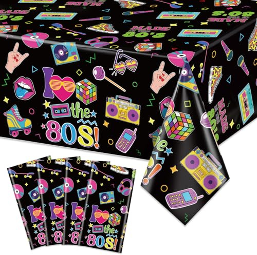 XJLANTTE 4Pcs 80s Party Plastic Tablecloths - 80's Theme Table Cover, Rectangular 80s Hip Hop Table Decorations for Throwback Rock Punk Disco Birthday Party Supplies, 51 x 86.6 Inch