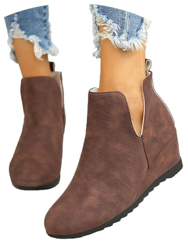 Bottines Vintage À Talon Compensé Bottes Courtes En Daim for Femme Bottines À Découpe En V Bottes À Enfiler À Tige Large Chaussures À Cheville Grandes Tailles for Printemps, Automne(Brown,40 EU)
