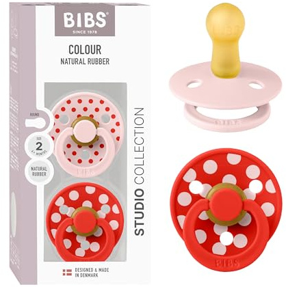 BIBS Colour Studio Polka Dots Napp 2-pack, BPA-fri, Rund sugdel. Naturgummilatex, Tillverkad i Danmark, Storlek 2 (6-18 månader), Blossom/Candy Apple