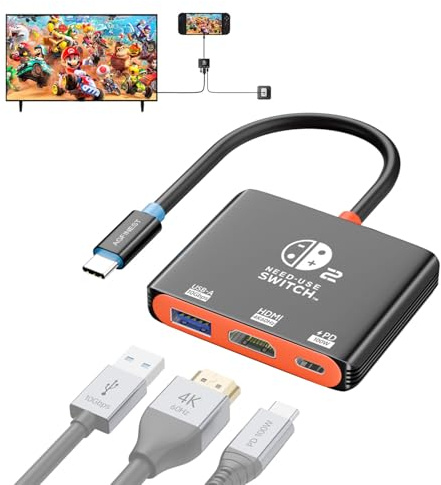 Switch 2 Dock Ersatz, 4K@60Hz HDR, 100W PD, USB-A 10Gbps für Peripherie, Tragbares Dock für Reisen und Gaming, Alu-Kühlsystem Perfekt für Steam Deck, Switch OLED/2/1, Unterstützt die neueste Firmware | Für Switch 2 (v.22.0.0+), Switch 1, OLED, Steam Deck zu Monitor TV, unterstützt 100 W PD, USB 3.1 Datenübertragung