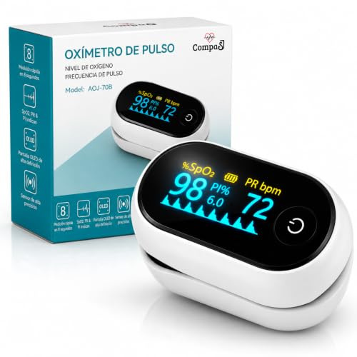 Oxímetro de Dedo Profesional, Pulsioxímetro Medidor preciso de la Saturación de Oxígeno en Sangre, Frecuencia Cardiaca. Oxímetro de Pulso para todas las Personas. Pantalla OLED. Incluye Pilas y Cordón