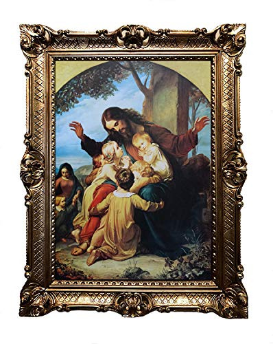 Barmherzige Jesus mit Kindern Antik Barock Rahmen Barockrahmen mit Bild Wandbild 70x90cm Kunstdrucke Gemälde Religiöse Bilder Kunst von Heiligen Heiligenbild Retro Repro für Home Büro Praxis Café 58B