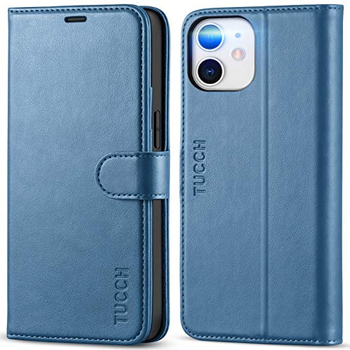 TUCCH Hülle für iPhone 12 mini, [Weicher TPU] [Aufstellfunktion] [Magnet], 12 mini Handyhülle mit Kartenfach, Lederhülle Klappbar, Stoßfest Flipcase, Brieftasche für iPhone 12 mini (5,4 Zoll) Blau