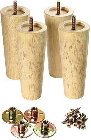 GOSCHE 15cm Furniture Legs Wooden, Solid Tapered Sofa Legs Set of 4, Wood Cabinets Feet with Mounting Plate, Screws, Anti-Slip Mats for Sofa bed Coffee Table Chair Cupboard Nightstand