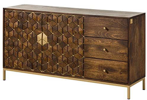 MASSIVMOEBEL24.DE | Diamond Sideboard massives Mango Holz auf Eisengestell, Kommode braun geöltes Massivholz, Wohnzimmer Schrank 3 Schubladen mit Knopfgriffen, 2 Türen mit Push-To-Open, Mosaik in gold