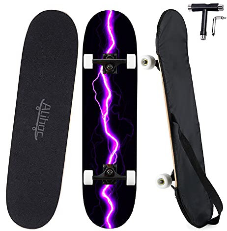 31-Zoll-Standard-Skateboard, 7 Lagen Ahorndeck, komplettes Skateboard, geeignet für Kinder, Jugendliche, Erwachsene, Anfänger und Profis, mit Einer maximalen Belastung von 150 kg-Purple Lightning