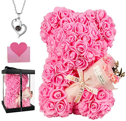 POHOMEGK Birthday Gifts for Women,Rose Bear Gifts for Her, Rose Teddy Bear Flower Bear with Necklace Rose Bouquet,Anniversary Mothers Day Valentine's Day for Girlfriend Wife Mom Daughter (pink)
