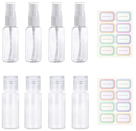 8 Stück 20 ml transparente Reiseflaschen Sprühflaschen Behälter tragbarer Sprühbehälter für Frauen Männer Reisen nachfüllbare Kosmetik Toilettenartikel mit 2 Blatt gratis Etiketten