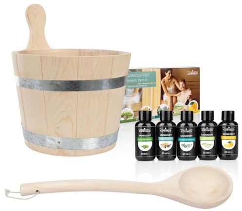 Sport-Tec Sauna Starter-Set 9-TLG., Aufgusskübel + Schöpfkelle + 6 versch. Saunadüfte á 50 ml