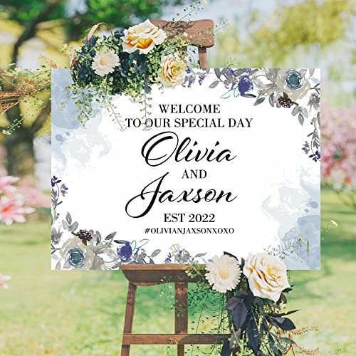 Panneau de bienvenue de mariage en bois personnalisé avec motif floral bleu - Panneau de mariage élégant et rustique en bois pour fête de mariage - Décoration de fête de mariage - 45,7 x 61 cm