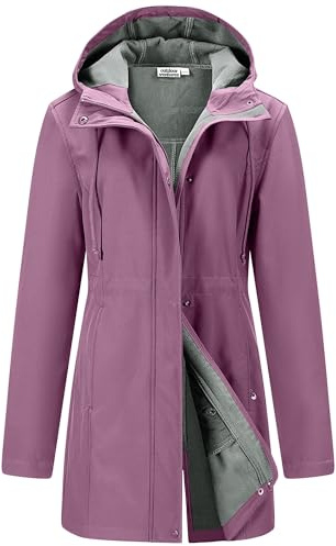 Outdoor Ventures Womens Waterproof Softshell Jacket Long Hooded Windbreaker | Fleece lined, Windproof, 2-Way Zipper, 4 Pockets, Adjustable Waist, Warm, Breathable, for Outdoor Hiking Walking