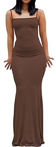 WINKEEY Sexy Maxi Robe Femme Robe Longue Moulante à Bretelles Robe d'été Slim Fit Casual Soirée Cocktail, Marron XS