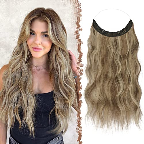 FESHFEN Secrets Hair Extensions Lange Gewellt Haarverlängerung Invisible Secret Haarextension Synthetik Haare Unsichtbarem Haarteile für Frauen Karamellbraun gemischt mit Aschblond 40 cm