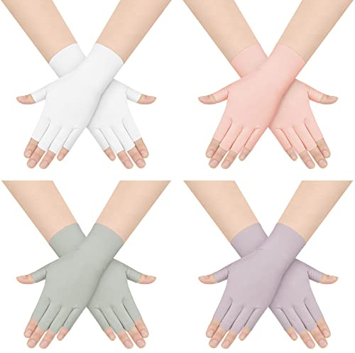 Sureio 4 Pairs Sun Protection UV Gloves for Women Fingerless Hand UV Protection Glove for Gel Manicures Summer Driving Biking(Light Gray, White, Pink, Purple,Classic)