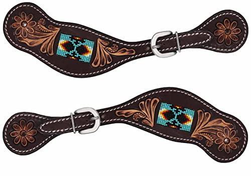 CHALLENGER Horse Western Floral Tooled Leather Beaded Inlay Cowboy Rodeo Boots Spur Straps 74188