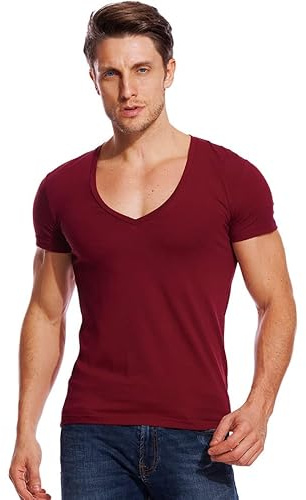 Mode T-shirt med djup v-hals for män Muscle Fitness Skinny sommartröja T-shirt Smal kortärmad T-shirt (Color : Burgundy1, Size : M)