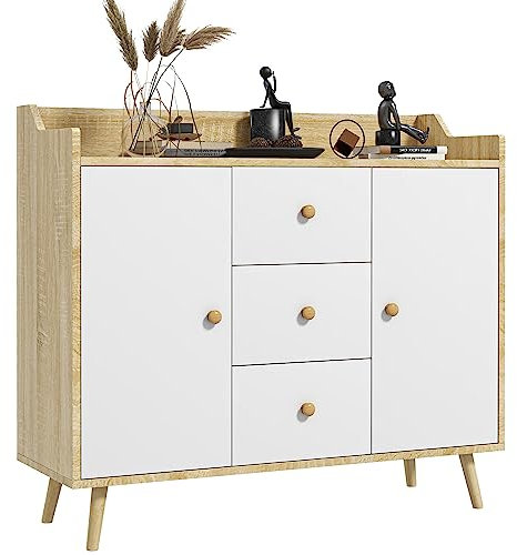 HOMCOM Aparador Moderno de aglomerado y Madera de Pino con 3 cajones y 2 armarios en 2 Niveles, 90x32x80 cm, Blanco y Color Madera