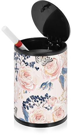 Vintage Blumen Aschenbecher für Zigaretten Outdoor mit Deckel Geruchssicher Edelstahl Tragbar Rauchfrei Rund Aschenbecher Sets für Zigaretten