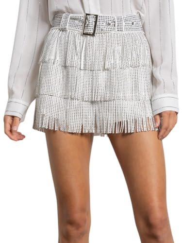 ChiyeeKiss Womens Sparkle Rhinestone Fringe Shorts Pants Elastic Band Skort Western Cowgirl Mini Skirt Built-in Short(0530-White-XL)