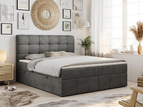 MKS MEBLE Boxspringbett 180x200 mit Matratze, Bett mit Multipocket - Matratze H3 und Topper, Polsterbett 180x200 mit Bettkasten und Kopfteil, Fast - Gray Monolith