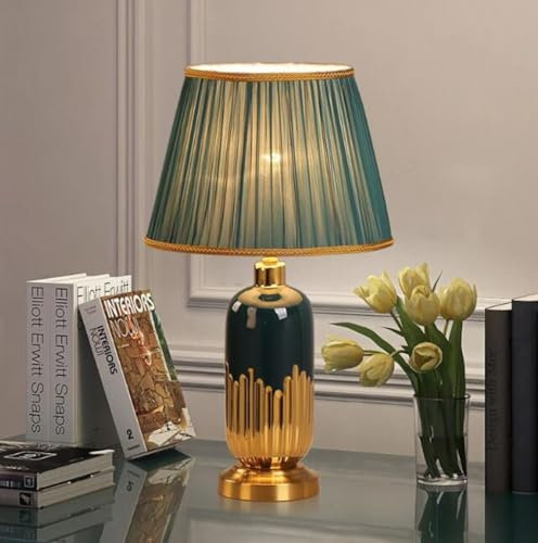 SXYSXYSXY Vintage Amerikanischen Keramik Tischlampen Nachttischlampe Dekorative Tischlampe Einfache Stoffschirm E27 Wohn- & Schlafzimmer Hotel Tischleuchte 30 * 52cm,Grün