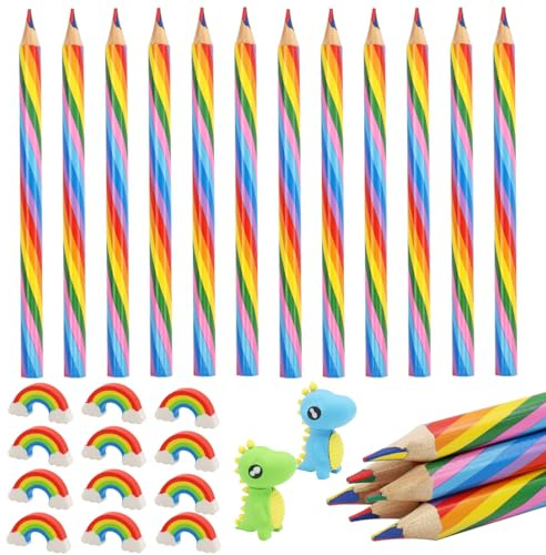 XIMKONTER 38 Stück Regenbogenstift 18 Stück Buntstifte Kinder +18 Kunststoff Radiergummi Regenbogen + 2 Stück Dinosaurier Radiergummi, 4-in-1 Farbstifte Regenbogenstift Weicher für Kreatives Zeichnen