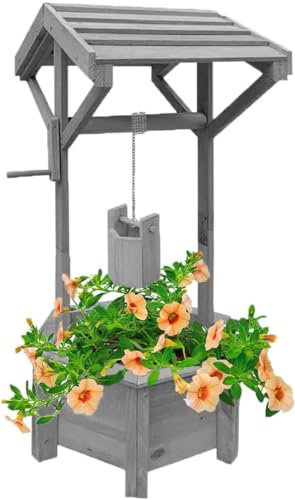 PaMeer Wooden Wishing Well Planter - Patio Decor for Garden Ornaments & Outdoor Plant Display, Patio Planter, Wishing Well with Hanging Bucket, Outdoor Flower ornament (Grey)
