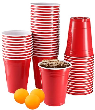 CaterCo Red Party Cups - 16oz (450ml) - 100 Pack - Disposable and Reusable Plastic Cups for Games, Parties, Birthdays, Picnics, and Christmas - Sturdy and Versatile - 16oz (450ml) - 100 Pack