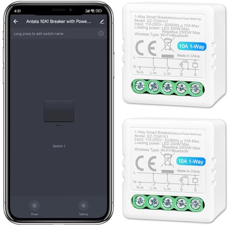 Interrupteur Connectée WiFi et Bluetooth 10A 1Canal, ANTELA Interrupteur Intelligent compatibel avec Alexa, Smart Life APP, 2PCs