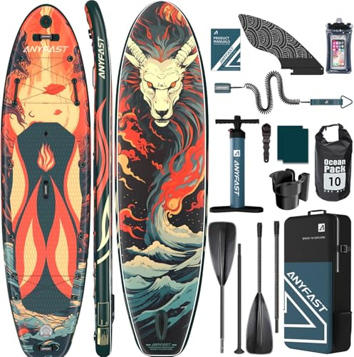 ANYFAST Stand Up Paddleboard, Inflatable, 3.35m x 89cm, 204kg Capacity, Wide, Ultra Stable, Non-Slip, with Pump, Camera Mount, Kid Handle, Leash, Backpack, Accessories (Rot Loong)