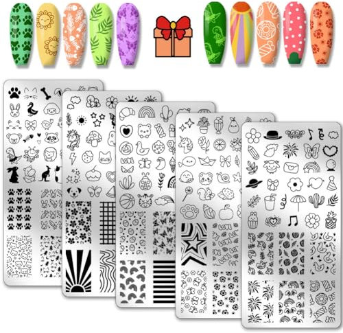 PH PandaHall 5pcs Plaques D'Estampage de Ongles Dessin Animé Modèles Art Nail Mignon Animaux Pochoirs Art Nail Fleur Ligne Fruits Plaques D'Image en Acier Inoxydable pour Conception Manucure Salon